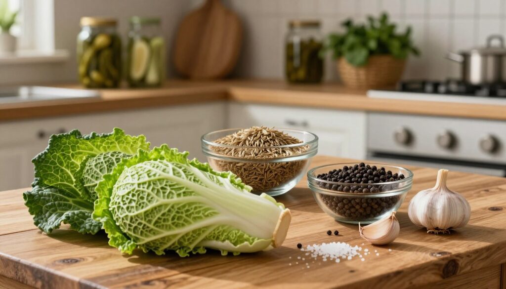 A rustic wooden table serves as the foreground for an assortment of fresh ingredients for making fermented cabbage. In the foreground, vibrant green savoy cabbage, a few cloves of garlic, and a sprinkle of sea salt are meticulously arranged. The middle layer includes a glass bowl filled with caraway seeds and another bowl with whole black peppercorns, adding texture and color. Background elements consist of a softly lit kitchen with shelves lined with jars of pickles and herbs, creating an inviting, homey atmosphere. Warm, natural lighting gently highlights the freshness of the ingredients while casting soft shadows, evoking a sense of comfort and homeliness suitable for a cozy cooking scene.