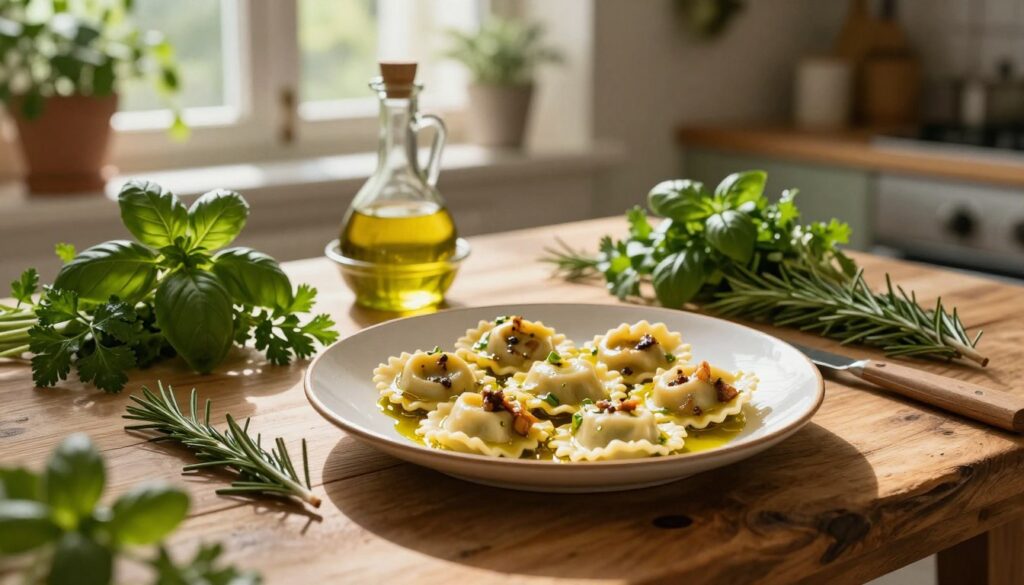 A rustic wooden table set in a softly lit Italian kitchen, adorned with a vibrant array of fresh herbs including basil, parsley, and rosemary, scattered around a small bowl of golden olive oil. In the foreground, a beautiful plate of ravioli, filled with rich ingredients, is drizzled with the olive oil, glistening in the warm light. The background features lush green plants and a window with rays of sunlight streaming through, creating a welcoming and earthy atmosphere. A delicate, cozy vibe invites the viewer to indulge in the simple yet elegant dish. The composition captures warmth and freshness, emphasizing the natural colors and textures of the ingredients without any text or distractions.