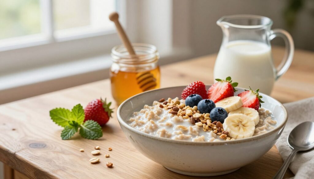 A serene breakfast scene featuring a beautifully arranged bowl of oatmeal (płatki owsiane) topped with a variety of healthy, colorful additions. In the foreground, a wooden table holds a rustic ceramic bowl filled with creamy oatmeal, accented by fresh berries like strawberries and blueberries, sliced bananas, and a sprinkle of nuts. In the middle, a small jar of honey and a delicate pitcher of almond milk add to the inviting atmosphere. A few green mint leaves provide a fresh touch. The background shows soft morning light streaming in through a window, illuminating the scene and creating a warm, cozy mood. The focus is slightly blurred on the background, highlighting the bowl of oatmeal as the centerpiece of this healthful breakfast.