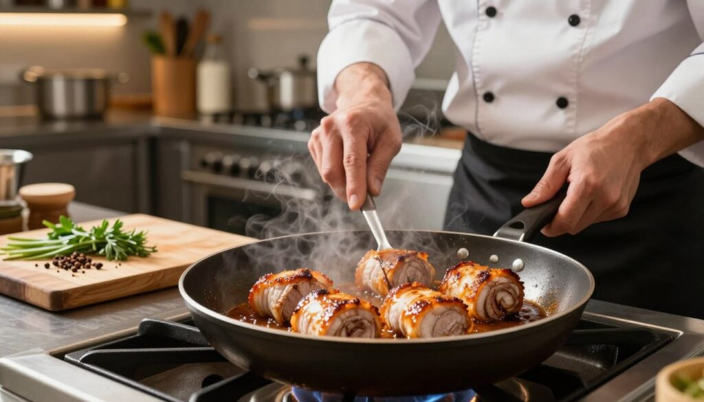 A skilled chef is in a modern kitchen, carefully searing rolled pork fillets on a non-stick skillet. The chef is dressed in a professional chef’s coat, focused on achieving a golden-brown crust. Juicy meat is sizzling, releasing flavorful steam, with a rich sauce glistening in the pan. The foreground shows the skillet with the roladki, while the middle features fresh herbs and aromatic spices on a wooden cutting board beside the stove. In the background, a well-organized kitchen workspace is visible, with stainless steel appliances and warm, inviting lighting. The mood is vibrant and culinary-focused, highlighting the art of cooking and the anticipation of a delicious home-cooked meal. The lens captures a close-up angle, emphasizing texture and details, making the dish look appetizing and inviting. A skilled chef is in a modern kitchen, carefully searing rolled pork fillets on a non-stick skillet. The chef is dressed in a professional chef’s coat, focused on achieving a golden-brown crust. Juicy meat is sizzling, releasing flavorful steam, with a rich sauce glistening in the pan. The foreground shows the skillet with the roladki, while the middle features fresh herbs and aromatic spices on a wooden cutting board beside the stove. In the background, a well-organized kitchen workspace is visible, with stainless steel appliances and warm, inviting lighting. The mood is vibrant and culinary-focused, highlighting the art of cooking and the anticipation of a delicious home-cooked meal. The lens captures a close-up angle, emphasizing texture and details, making the dish look appetizing and inviting.