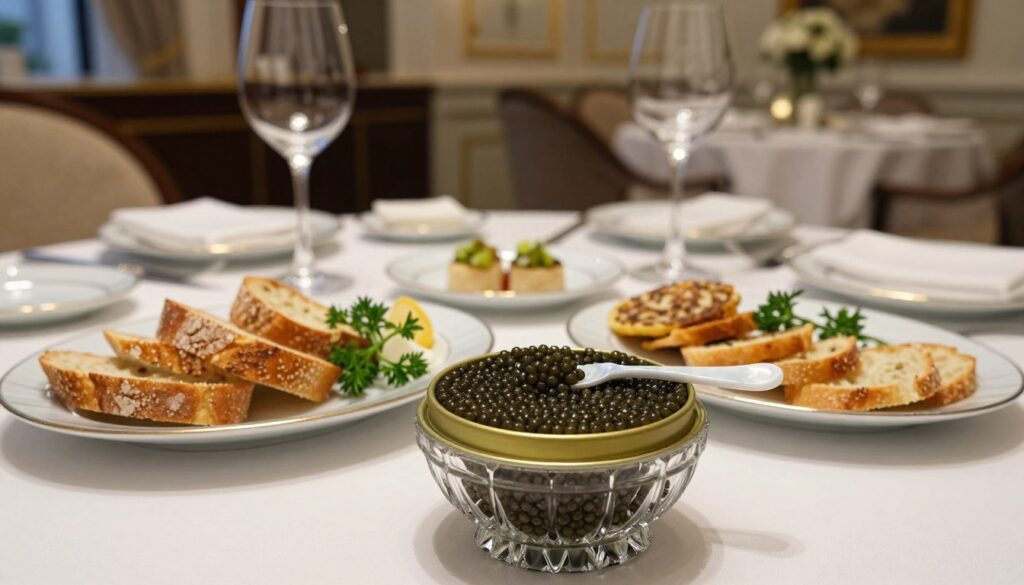 A sophisticated table setting showcasing a high-end caviar tasting experience. In the foreground, an elegant crystal caviar serving dish filled with gleaming black caviar, accompanied by mother-of-pearl spoons. To the side, thinly sliced baguette and blinis are artfully arranged, with fresh herbs for garnish. In the middle, a beautifully set table featuring fine china and sparkling glassware glinting under soft, ambient lighting, creating a luxurious atmosphere. The background reveals a tastefully decorated dining room with opulent but subtle décor, enhancing the sense of refinement. The scene captures a mood of indulgence and culinary appreciation, ideal for showcasing gourmet dining. A sophisticated table setting showcasing a high-end caviar tasting experience. In the foreground, an elegant crystal caviar serving dish filled with gleaming black caviar, accompanied by mother-of-pearl spoons. To the side, thinly sliced baguette and blinis are artfully arranged, with fresh herbs for garnish. In the middle, a beautifully set table featuring fine china and sparkling glassware glinting under soft, ambient lighting, creating a luxurious atmosphere. The background reveals a tastefully decorated dining room with opulent but subtle décor, enhancing the sense of refinement. The scene captures a mood of indulgence and culinary appreciation, ideal for showcasing gourmet dining.