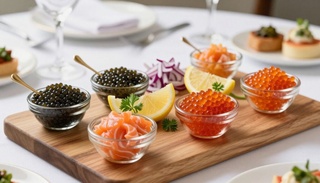 A stylish arrangement of various types of caviar displayed elegantly on a wooden serving board. In the foreground, showcase different kinds of caviar—black Beluga, orange Salmon, and red Tobiko—each in small, ornate glass bowls with tiny tasting spoons. The middle section features garnishes like finely chopped red onion, lemon wedges, and fresh herbs, artfully arranged around the bowls. The background includes a tastefully set table with a white tablecloth, crystal glassware, and delicate appetizers. Soft, natural lighting illuminates the scene, creating a warm and inviting atmosphere. The image captures the sophistication and luxury of caviar dining, with a focus on presentation and elegance, using a shallow depth of field to enhance the visual appeal. A stylish arrangement of various types of caviar displayed elegantly on a wooden serving board. In the foreground, showcase different kinds of caviar—black Beluga, orange Salmon, and red Tobiko—each in small, ornate glass bowls with tiny tasting spoons. The middle section features garnishes like finely chopped red onion, lemon wedges, and fresh herbs, artfully arranged around the bowls. The background includes a tastefully set table with a white tablecloth, crystal glassware, and delicate appetizers. Soft, natural lighting illuminates the scene, creating a warm and inviting atmosphere. The image captures the sophistication and luxury of caviar dining, with a focus on presentation and elegance, using a shallow depth of field to enhance the visual appeal.
