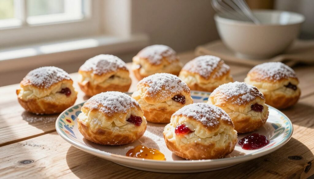 A tempting assortment of freshly baked pączki pieczone, arranged artfully on a rustic wooden table. The pączki are golden-brown, lightly dusted with powdered sugar, and show a hint of filling peeking through. In the foreground, a delicate, colorful ceramic plate holds a few pączki with splashes of vibrant fruit preserves around them, capturing the essence of a light, homemade treat. Soft, warm sunlight pours through a nearby window, creating a welcoming glow and gentle shadows that highlight the flaky texture of the pastries. In the background, blurred kitchen elements such as mixing bowls and a whisk suggest a cozy, inviting atmosphere of baking at home, enhancing the overall warm and festive vibe of Polish traditions on Fat Thursday. A tempting assortment of freshly baked pączki pieczone, arranged artfully on a rustic wooden table. The pączki are golden-brown, lightly dusted with powdered sugar, and show a hint of filling peeking through. In the foreground, a delicate, colorful ceramic plate holds a few pączki with splashes of vibrant fruit preserves around them, capturing the essence of a light, homemade treat. Soft, warm sunlight pours through a nearby window, creating a welcoming glow and gentle shadows that highlight the flaky texture of the pastries. In the background, blurred kitchen elements such as mixing bowls and a whisk suggest a cozy, inviting atmosphere of baking at home, enhancing the overall warm and festive vibe of Polish traditions on Fat Thursday.
