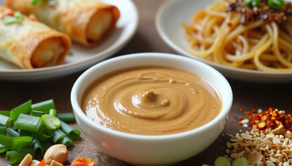 A vibrant and appetizing display of a peanut butter sauce served in a small, elegant bowl, showcasing a rich, creamy texture with a sheen. Surround it with an array of fresh, colorful ingredients typical in Asian cuisine: sliced scallions, crushed peanuts, and a hint of chili flakes. In the background, a beautifully arranged plate of savory dishes like spring rolls and noodles reflects the theme of savory peanut butter meals. The lighting is soft and warm, creating an inviting atmosphere, with subtle shadows that enhance depth and dimension. The scene is captured from a slightly elevated angle, focusing on the sauce while allowing the surrounding dishes to add context and allure to the image.
