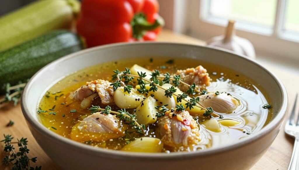 A vibrant and aromatic scene featuring a close-up of garlic and thyme marinade in a rustic bowl, artfully arranged on a wooden kitchen table. The marinade should have a rich, golden hue, showcasing chunks of fresh garlic and sprigs of green thyme. In the background, blurred vegetable ingredients like colorful bell peppers and zucchini can be seen, hinting at their inclusion with the chicken. Soft, warm light filtering through a nearby window creates a cozy atmosphere, enhancing the fresh herbs' green and the marinade's golden tones. The angle should capture the marinade from above, emphasizing its texture and colors, evoking a sense of anticipation for a delicious, healthy meal. A vibrant and aromatic scene featuring a close-up of garlic and thyme marinade in a rustic bowl, artfully arranged on a wooden kitchen table. The marinade should have a rich, golden hue, showcasing chunks of fresh garlic and sprigs of green thyme. In the background, blurred vegetable ingredients like colorful bell peppers and zucchini can be seen, hinting at their inclusion with the chicken. Soft, warm light filtering through a nearby window creates a cozy atmosphere, enhancing the fresh herbs' green and the marinade's golden tones. The angle should capture the marinade from above, emphasizing its texture and colors, evoking a sense of anticipation for a delicious, healthy meal.