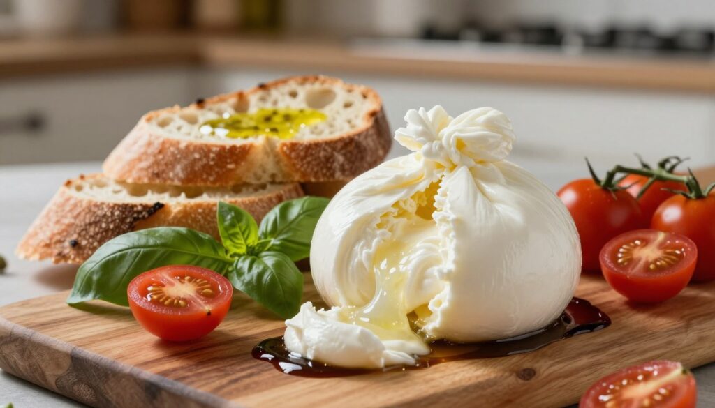 A vibrant and elegant presentation of burrata cheese, showcasing its creamy texture. In the foreground, a rustic wooden board displays a round burrata ball, partially torn open to reveal its soft, gooey interior. Surrounding the burrata, colorful accompaniments like fresh basil leaves, ripe cherry tomatoes, and a drizzle of balsamic glaze create a visually appealing contrast. In the middle, a few slices of crusty artisanal bread are arranged artfully, invitingly topped with olive oil. The background features a softly blurred kitchen setting, with warm, natural lighting casting gentle highlights on the scene. The atmosphere is inviting and sophisticated, perfect for a culinary experience that celebrates the rich flavor of burrata. Shot with a close-up lens (50mm) to emphasize detail and texture, creating an appetizing visual. A vibrant and elegant presentation of burrata cheese, showcasing its creamy texture. In the foreground, a rustic wooden board displays a round burrata ball, partially torn open to reveal its soft, gooey interior. Surrounding the burrata, colorful accompaniments like fresh basil leaves, ripe cherry tomatoes, and a drizzle of balsamic glaze create a visually appealing contrast. In the middle, a few slices of crusty artisanal bread are arranged artfully, invitingly topped with olive oil. The background features a softly blurred kitchen setting, with warm, natural lighting casting gentle highlights on the scene. The atmosphere is inviting and sophisticated, perfect for a culinary experience that celebrates the rich flavor of burrata. Shot with a close-up lens (50mm) to emphasize detail and texture, creating an appetizing visual.