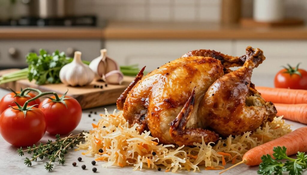 A vibrant and enticing still life composition featuring the ingredients for roasted chicken in sauerkraut. In the foreground, a whole golden-brown roasted chicken, succulent and glistening, is surrounded by a generous mound of finely shredded, tangy sauerkraut. Scattered around are fresh vegetables: plump, red tomatoes, earthy carrots, and aromatic herbs like thyme and parsley, adding splashes of color. The middle ground showcases a rustic wooden cutting board with ingredients like garlic cloves unpeeled and scattered peppercorns. In the background, a softly blurred kitchen setting with warm lighting creates a cozy atmosphere, highlighting the rustic charm. The image is captured with a shallow depth of field, enhancing the focus on the ingredients while allowing the kitchen ambiance to enrich the scene.