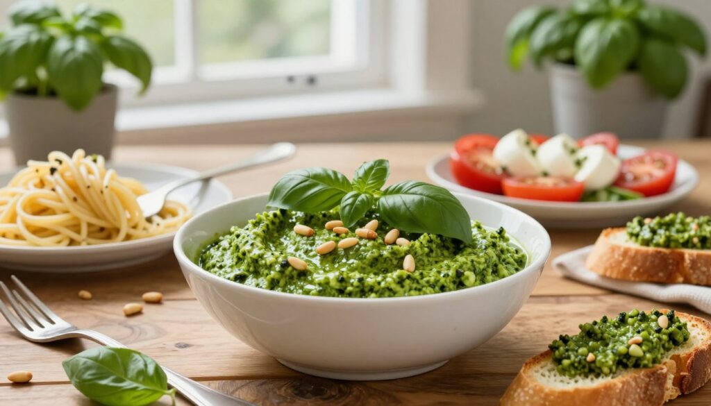 A vibrant and inviting bowl of basil pesto, artfully placed at the center of a rustic wooden table. The rich, green pesto is textured and glossy, garnished with whole pine nuts and fresh basil leaves. Surrounding the pesto are various served dishes: a plate of al dente spaghetti elegantly twirled in a fork, a fresh Caprese salad with ripe tomatoes and mozzarella, and toasted bruschetta topped with the pesto. In the background, soft, natural light filters through a window, creating a warm and inviting atmosphere. A shallow depth of field highlights the food, while subtle greenery from potted basil plants adds a fresh touch to the scene, evoking culinary comfort and satisfaction.