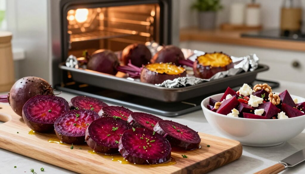 A vibrant and inviting kitchen scene featuring an array of roasted beetroots in various stages of preparation. In the foreground, a wooden cutting board displays thick slices of tender, caramelized beets, glistening with olive oil and sprinkled with fresh herbs. On the side, a bowl holds an enticing beet salad, showcasing contrasting colors with goat cheese and walnuts. The middle ground reveals a warm oven with a baking tray filled with whole roasted beets, wrapped in aluminum foil for a golden brown finish. The background is softly blurred, with the cozy kitchen ambiance highlighted by natural sunlight filtering through a window. The atmosphere is warm and homey, celebrating the simplicity and joy of cooking with beets.