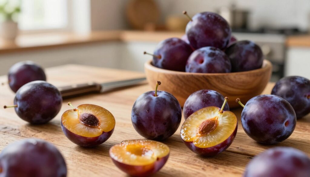 A vibrant assortment of ripe węgierki plums, showcasing their rich purple color and smooth skin, arranged beautifully on a rustic wooden table. In the foreground, a few plums are sliced open, revealing their juicy golden flesh and contrasting dark pit. The middle ground features a delicate knife and a small wooden bowl filled with whole plums, emphasizing the freshness. The background includes a softly blurred kitchen setting with an oven, hinting at the drying process. Warm, inviting lighting filters through a nearby window, creating a cozy and homey atmosphere. The overall mood is one of warmth and natural abundance, reflecting the joy of preparing dried plums at home.