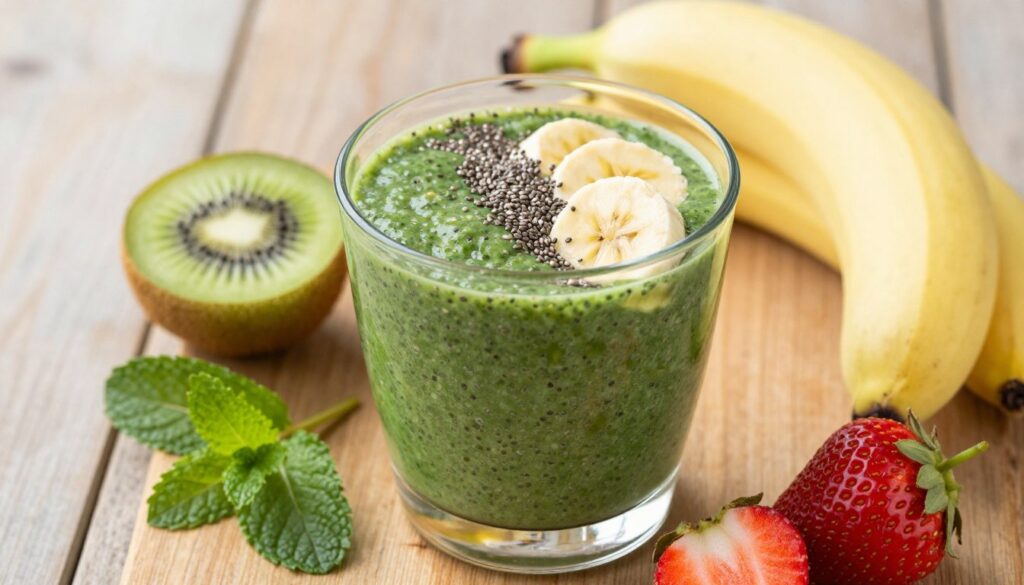 A vibrant, beautifully arranged still life featuring a glass of thick, creamy chia smoothie. The smoothie is rich in color, showcasing vivid green spinach, ripe bananas, and a sprinkle of chia seeds on top. Surrounding the glass are fresh ingredients like slices of kiwi, strawberries, and a handful of mint leaves, creating a refreshing atmosphere. In the background, a wooden table complements the natural feel, while soft, diffused daylight filters in, gently illuminating the scene. The composition should focus on the smoothie in the foreground, with a balanced, inviting ambiance. Capture the energy and healthful essence of a nourishing beverage, perfect for breakfast or a snack. The angle should be slightly elevated, allowing a clear view of the smoothie’s texture and the vibrant colors of the surrounding fruits. A vibrant, beautifully arranged still life featuring a glass of thick, creamy chia smoothie. The smoothie is rich in color, showcasing vivid green spinach, ripe bananas, and a sprinkle of chia seeds on top. Surrounding the glass are fresh ingredients like slices of kiwi, strawberries, and a handful of mint leaves, creating a refreshing atmosphere. In the background, a wooden table complements the natural feel, while soft, diffused daylight filters in, gently illuminating the scene. The composition should focus on the smoothie in the foreground, with a balanced, inviting ambiance. Capture the energy and healthful essence of a nourishing beverage, perfect for breakfast or a snack. The angle should be slightly elevated, allowing a clear view of the smoothie’s texture and the vibrant colors of the surrounding fruits.