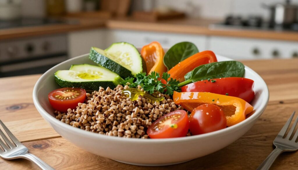 A vibrant bowl of buckwheat with an array of colorful, fresh vegetables, including cherry tomatoes, bell peppers, zucchini, and spinach, artfully arranged on top. The dish is garnished with a sprinkle of parsley and a light drizzle of olive oil, showcasing a healthy and appetizing meal. In the foreground, the wooden table adds a rustic feel while a blurred backdrop reveals a cozy kitchen setting with soft, warm lighting illuminating the scene. Capture the meal from an overhead angle to emphasize the variety of ingredients, creating a sense of abundance and inviting viewers to consider this delicious, filling option. The overall atmosphere is lively and healthy, highlighting the connection between nutrition and enjoyment in everyday meals. A vibrant bowl of buckwheat with an array of colorful, fresh vegetables, including cherry tomatoes, bell peppers, zucchini, and spinach, artfully arranged on top. The dish is garnished with a sprinkle of parsley and a light drizzle of olive oil, showcasing a healthy and appetizing meal. In the foreground, the wooden table adds a rustic feel while a blurred backdrop reveals a cozy kitchen setting with soft, warm lighting illuminating the scene. Capture the meal from an overhead angle to emphasize the variety of ingredients, creating a sense of abundance and inviting viewers to consider this delicious, filling option. The overall atmosphere is lively and healthy, highlighting the connection between nutrition and enjoyment in everyday meals.