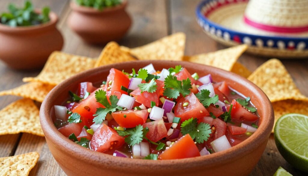 A vibrant bowl of traditional Mexican salsa, known as "meksykański sos," sits prominently in the foreground, showcasing a rich medley of chopped tomatoes, red onions, fresh cilantro, and zesty lime juice, all glistening under soft, natural light. The texture is appealing, with glimmers of freshness emanating from the diced vegetables. In the middle ground, an array of colorful tortilla chips surrounds the bowl, invitingly arranged to suggest sharing at a lively gathering. The background features a rustic wooden table, adorned with simple decorations that hint at a festive atmosphere—perhaps a few decorative sombreros or small clay pots with herbs. The overall mood is warm and inviting, perfect for a celebration, emphasizing the bold flavors and cultural significance of this beloved condiment. The focus is sharp on the salsa, with a slight bokeh effect softening the background.