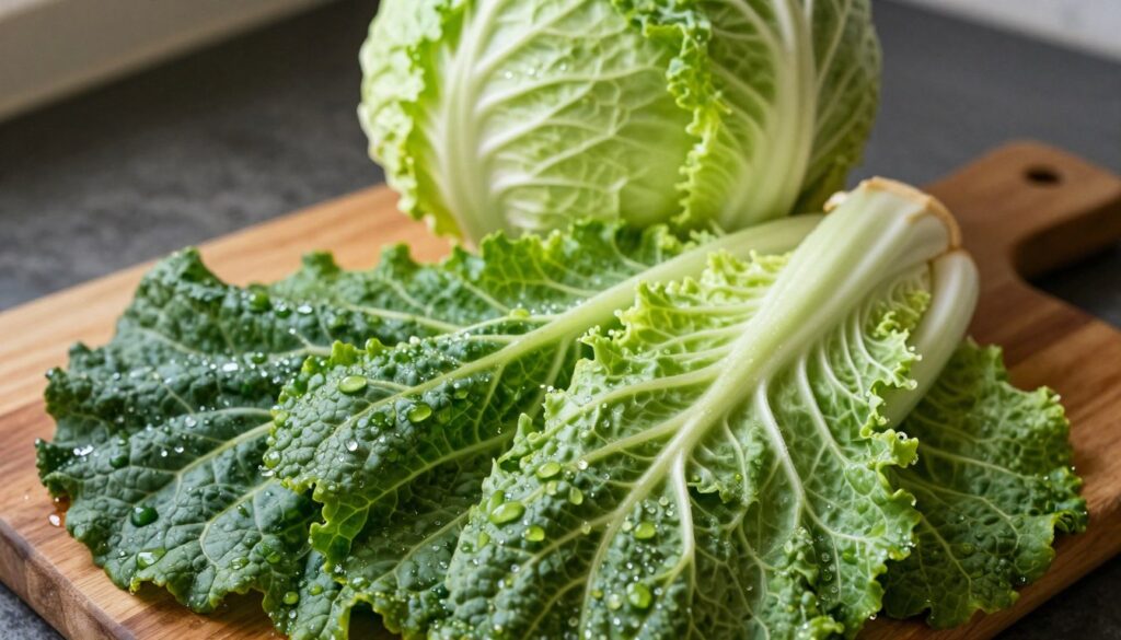 A vibrant close-up of fresh, crisp cabbage leaves, showcasing varying shades of green from deep forest to light lime. The foreground features a handful of dew-kissed leaves, their texture highlighted and glistening under soft, natural sunlight. In the middle, a partially peeled cabbage head sits on a rustic wooden cutting board, with a dark kitchen countertop in the background. The atmosphere is warm and inviting, suggesting a cozy kitchen environment. The lighting is bright yet gentle, creating soft shadows that accentuate the beautiful shapes and contours of the cabbage. The angle is slightly overhead, focusing on the leaves and their preparation, evoking a sense of freshness and culinary delight.
