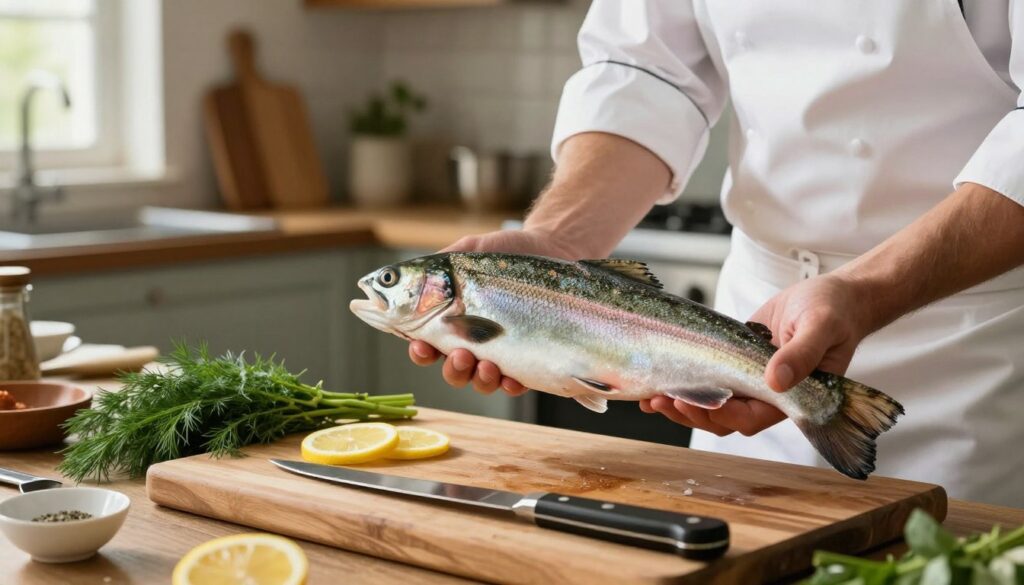 A vibrant, detailed kitchen scene focusing on the selection and preparation of a fresh trout for baking. In the foreground, a chef wearing a crisp white apron and modest clothing examines a glistening fish, emphasizing its iridescent scales and bright eyes. Their hands are gently holding the trout, showcasing its pristine condition. In the middle ground, a wooden cutting board is adorned with fresh herbs like dill and lemon slices, alongside essential cooking tools like a sharp knife and a fish scaler, signifying preparation. The background features a warm, inviting kitchen with soft natural light streaming through a window, highlighting the rustic charm of the space. The overall mood is calm and inspirational, illustrating the art of choosing and preparing this delicate fish for a delicious meal. A vibrant, detailed kitchen scene focusing on the selection and preparation of a fresh trout for baking. In the foreground, a chef wearing a crisp white apron and modest clothing examines a glistening fish, emphasizing its iridescent scales and bright eyes. Their hands are gently holding the trout, showcasing its pristine condition. In the middle ground, a wooden cutting board is adorned with fresh herbs like dill and lemon slices, alongside essential cooking tools like a sharp knife and a fish scaler, signifying preparation. The background features a warm, inviting kitchen with soft natural light streaming through a window, highlighting the rustic charm of the space. The overall mood is calm and inspirational, illustrating the art of choosing and preparing this delicate fish for a delicious meal.