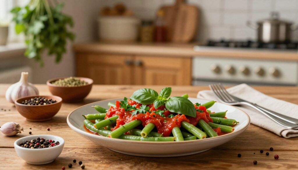 A vibrant dish of "smak fasolki" featuring bright green beans and a rich tomato sauce garnished with fresh herbs like parsley and basil. The foreground displays a rustic wooden table with the dish served in a stylish, deep dish that highlights the vibrant colors of the meal. Surrounding the plate are various spices in small bowls, such as garlic, pepper, and chili flakes, adding visual interest and conveying the theme of complementary flavors. The middle of the image captures a soft focus on a elegant table setting with a fork and knife, enhancing the homely yet sophisticated atmosphere. In the background, a softly lit kitchen with hanging herbs and warm wooden cabinetry creates a cozy ambiance, inviting the viewer into a culinary experience. The lighting is warm and inviting, ideal for showcasing the dish's appetizing details.