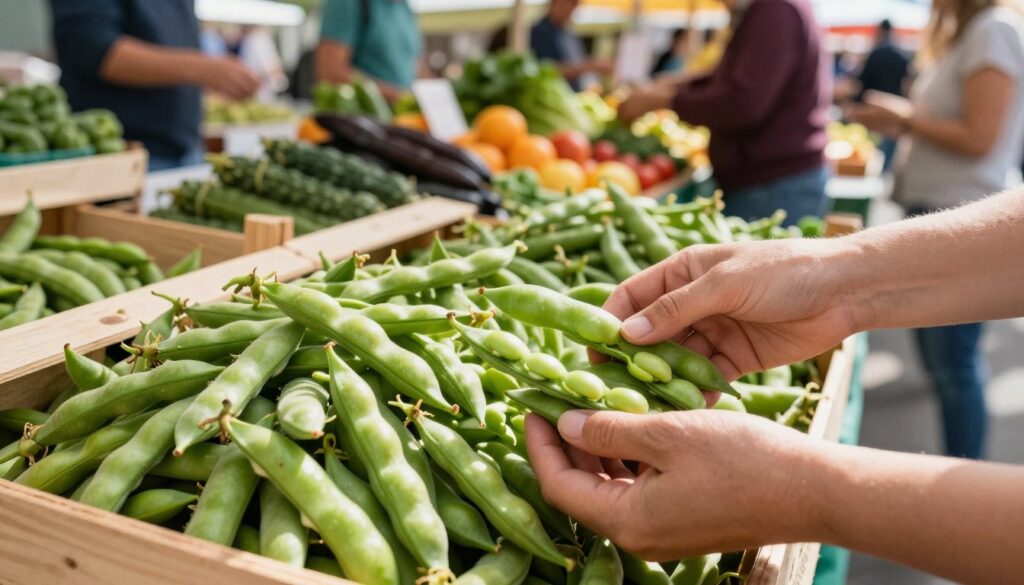 A vibrant farmers' market scene showcasing fresh fava beans (bób) prominently displayed in wooden crates. In the foreground, a close-up of hands selecting glistening green pods from a pile, illustrating the texture and freshness of the beans. The middle ground features colorful stalls with various vegetables and fruits under warm sunlight, creating a lively atmosphere. In the background, blurred figures of shoppers engaged in buying produce, adding to the bustling market environment. The lighting is bright and natural, highlighting the freshness and rich green color of the bób. The scene conveys a sense of community and health, inviting viewers to explore the joys of seasonal produce in Poland.