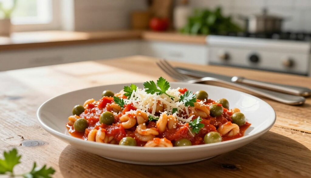 A vibrant plate of fasolka (green beans) in a rich tomato sauce, presented on a rustic wooden table. In the foreground, showcase the dish garnished with fresh parsley leaves and a sprinkling of grated cheese. In the middle, include a subtly blurred fork and knife placed elegantly beside the plate, hinting at a casual dining setting. In the background, softly illuminated, feature a cozy kitchen environment with hints of fresh vegetables and herbs visible on a countertop. Natural light streaming in from a nearby window casts gentle shadows, creating a warm and inviting atmosphere. The image should evoke a sense of comfort and simplicity, ideal for quick meal preparation.