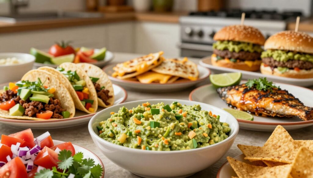 A vibrant spread featuring a bowl of rich, creamy guacamole as the focal point, surrounded by an array of delicious accompaniments. In the foreground, showcase fresh ingredients such as diced tomatoes, red onions, and cilantro alongside crispy tortilla chips. In the middle, include plates of tacos filled with savory meats and colorful vegetables, melted cheese quesadillas, juicy burgers topped with guacamole, and grilled fish garnished with lime. In the background, a warm, inviting kitchen scene illuminated by soft, natural lighting that enhances the colors of the food. The atmosphere is lively and festive, ideal for a casual gathering. Utilize a shallow depth of field to keep the focus sharp on the guacamole and main dishes while softly blurring the background. The overall tone should evoke a sense of deliciousness and festive enjoyment.