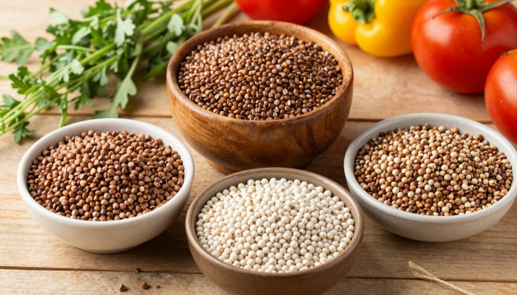 A vibrant still life featuring different types of buckwheat in elegant bowls: roasted buckwheat with a nutty texture, unroasted in a rustic wooden bowl, white buckwheat pearls, and traditional Krakowska variety in a ceramic dish. Place the bowls on a natural wooden table for an earthy feel, surrounded by light green herbs and colorful fresh vegetables like tomatoes and peppers, evoking a sense of health and nourishment. Soft, warm lighting highlights the textures of the grains, creating a cozy atmosphere. The scene is composed from a top-down angle to showcase the grains' unique characteristics, evoking a feeling of culinary creativity and wholesome eating. A vibrant still life featuring different types of buckwheat in elegant bowls: roasted buckwheat with a nutty texture, unroasted in a rustic wooden bowl, white buckwheat pearls, and traditional Krakowska variety in a ceramic dish. Place the bowls on a natural wooden table for an earthy feel, surrounded by light green herbs and colorful fresh vegetables like tomatoes and peppers, evoking a sense of health and nourishment. Soft, warm lighting highlights the textures of the grains, creating a cozy atmosphere. The scene is composed from a top-down angle to showcase the grains' unique characteristics, evoking a feeling of culinary creativity and wholesome eating.