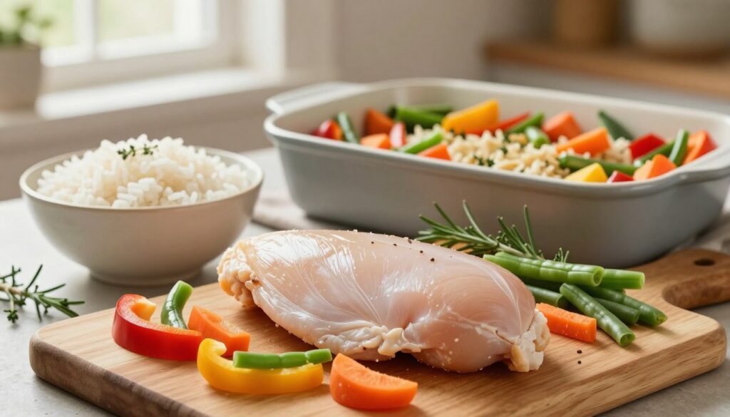 A vibrant, well-composed image featuring an array of fresh ingredients for a baked chicken breast dish with rice and vegetables. In the foreground, a raw, juicy chicken breast is elegantly placed on a wooden cutting board, surrounded by colorful, chopped vegetables such as bell peppers, carrots, and green beans. A bowl of uncooked white rice sits nearby. In the middle ground, a rustic kitchen scene includes a baking dish ready to be filled with these ingredients, while herbs like rosemary and thyme add a touch of green. In the background, warm, soft lighting filters through a window, creating a cozy and inviting atmosphere. The composition should reflect a wholesome, home-cooked meal, emphasizing freshness and comfort, with no text or watermarks. A vibrant, well-composed image featuring an array of fresh ingredients for a baked chicken breast dish with rice and vegetables. In the foreground, a raw, juicy chicken breast is elegantly placed on a wooden cutting board, surrounded by colorful, chopped vegetables such as bell peppers, carrots, and green beans. A bowl of uncooked white rice sits nearby. In the middle ground, a rustic kitchen scene includes a baking dish ready to be filled with these ingredients, while herbs like rosemary and thyme add a touch of green. In the background, warm, soft lighting filters through a window, creating a cozy and inviting atmosphere. The composition should reflect a wholesome, home-cooked meal, emphasizing freshness and comfort, with no text or watermarks.