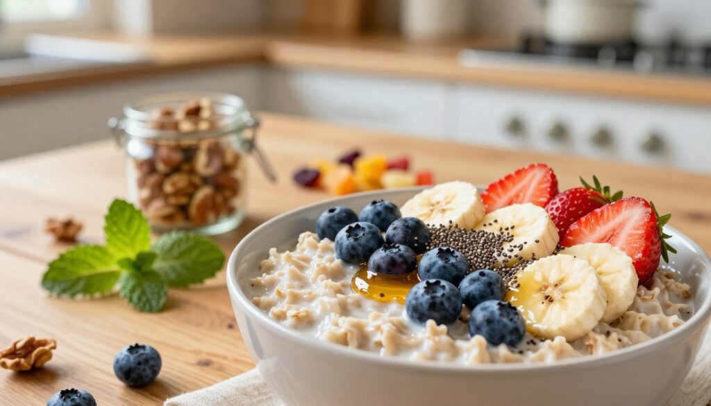 A visually appealing breakfast scene showcasing a bowl of oatmeal topped with an array of healthy and vibrant toppings. In the foreground, the bowl features creamy oats, beautifully layered with fresh berries like blueberries and strawberries, sliced bananas, and a sprinkle of chia seeds. A drizzle of honey glistens on top. In the middle, a wooden table with rustic elements includes a small glass jar of nuts, a sprig of mint, and a colorful assortment of dried fruits adding texture. The background softly blurs a sunlit kitchen setting, creating a warm and inviting atmosphere. Soft natural lighting enhances the colors, while a shallow depth of field focuses on the oatmeal, evoking a mood of health and vitality, perfect for energizing mornings.