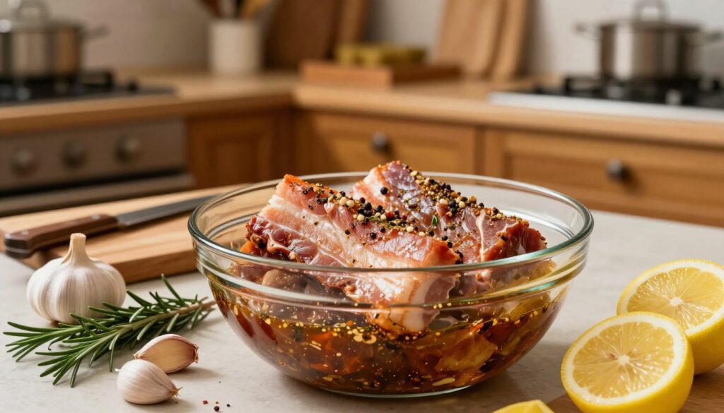 A visually appealing kitchen scene focused on marinating meat before roasting. In the foreground, a large glass bowl filled with marinated pork belly, showcasing a rich mixture of spices, herbs, and oil, glistening under warm kitchen lighting. Surrounding the bowl, a variety of fresh ingredients like garlic cloves, sprigs of rosemary, and slices of lemon, adding vibrant colors. In the middle ground, a wooden cutting board with a sharp knife resting beside it, suggesting preparation. The background features a cozy kitchen setting, with wooden cabinets and various cooking utensils, softly lit to create a warm atmosphere. The overall mood is inviting and homely, embodying the essence of careful preparation for flavorful and juicy meat. A visually appealing kitchen scene focused on marinating meat before roasting. In the foreground, a large glass bowl filled with marinated pork belly, showcasing a rich mixture of spices, herbs, and oil, glistening under warm kitchen lighting. Surrounding the bowl, a variety of fresh ingredients like garlic cloves, sprigs of rosemary, and slices of lemon, adding vibrant colors. In the middle ground, a wooden cutting board with a sharp knife resting beside it, suggesting preparation. The background features a cozy kitchen setting, with wooden cabinets and various cooking utensils, softly lit to create a warm atmosphere. The overall mood is inviting and homely, embodying the essence of careful preparation for flavorful and juicy meat.