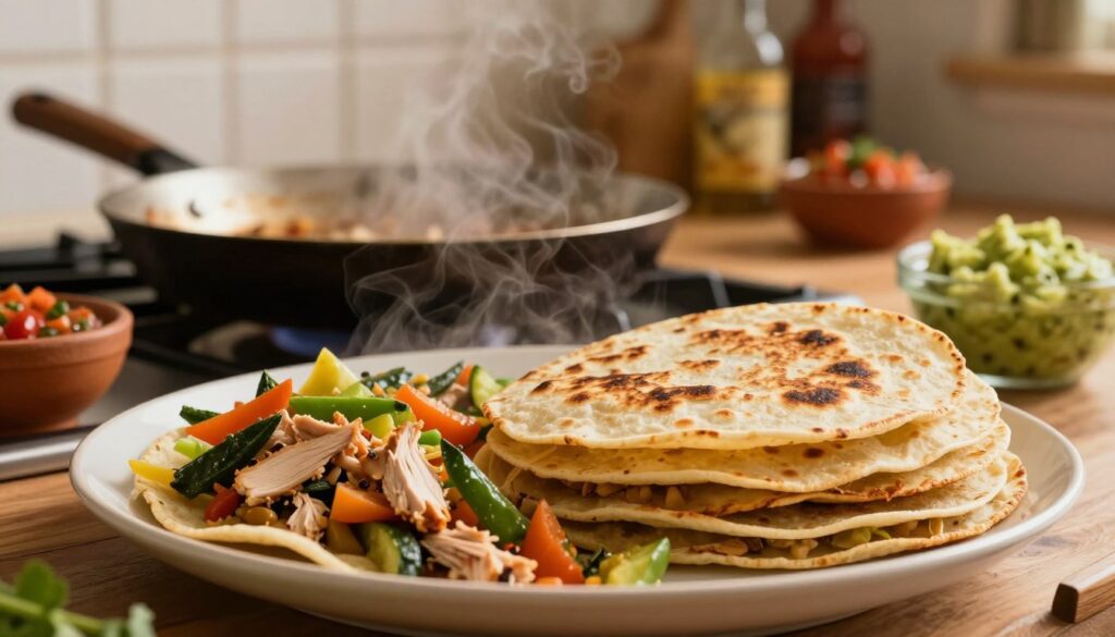 A warm and inviting scene featuring a plate of freshly made warm tortillas, golden brown and slightly crisped on the edges. In the foreground, the tortillas are stacked high, with steam rising from them, hinting at their warmth. Alongside, there are vibrant fillings such as sautéed vegetables, shredded chicken, and colorful spices, arranged in a rustic style. In the middle ground, a well-worn skillet sits on a stovetop, showcasing the process of cooking tortillas. The background features a cozy kitchen lit by soft, warm lighting, with herbs and condiments like salsa and guacamole on a wooden countertop. The atmosphere feels homely and comforting, inviting the viewer to enjoy a heartwarming meal. The perspective should be slightly elevated, capturing the details of the food while highlighting the environment around it. A warm and inviting scene featuring a plate of freshly made warm tortillas, golden brown and slightly crisped on the edges. In the foreground, the tortillas are stacked high, with steam rising from them, hinting at their warmth. Alongside, there are vibrant fillings such as sautéed vegetables, shredded chicken, and colorful spices, arranged in a rustic style. In the middle ground, a well-worn skillet sits on a stovetop, showcasing the process of cooking tortillas. The background features a cozy kitchen lit by soft, warm lighting, with herbs and condiments like salsa and guacamole on a wooden countertop. The atmosphere feels homely and comforting, inviting the viewer to enjoy a heartwarming meal. The perspective should be slightly elevated, capturing the details of the food while highlighting the environment around it.