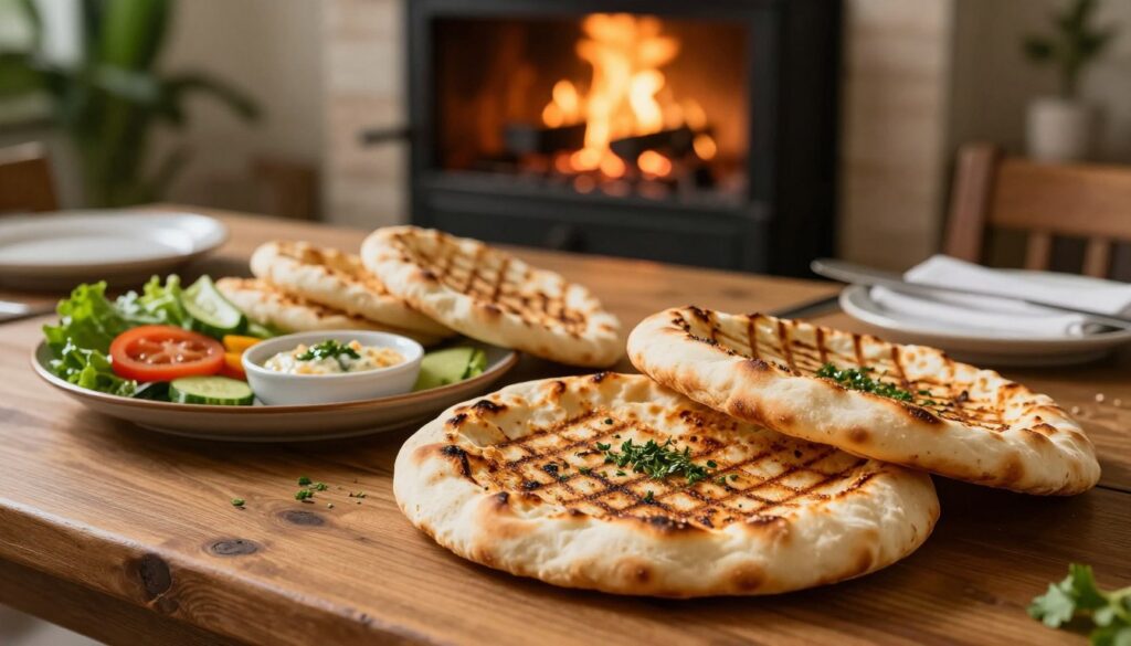 A warm and inviting scene featuring "lawasz na ciepło" served on a rustic wooden table. In the foreground, there are golden-brown grilled and toasted lawasz flatbreads, with visible grill marks and a sprinkle of herbs for garnish. Nearby, a bowl of colorful dipping sauces and a plate of fresh vegetables complement the flatbreads. In the middle background, a softly lit grill exudes a warm glow, emphasizing the cooking process. Surrounding the table, there are hints of greenery and elegant tableware, suggesting a cozy atmosphere perfect for sharing. The lighting is warm and ambient, creating an inviting and comforting mood. The camera angle is slightly elevated, giving a clear view of the delicious spread while also capturing the inviting setting.
