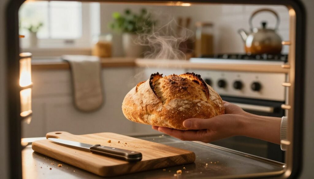A warm, inviting kitchen scene featuring a beautifully shaped loaf of bread being gently removed from an oven. The oven's interior glows with golden, soft lighting, highlighting the bread's crusty exterior as it starts to thaw. In the foreground, a wooden cutting board rests with a small knife and a few crumbs scattered around, while steam gently rises above the bread, adding a sense of warmth. The middle ground includes a vintage-style oven mitt hanging nearby and a kettle on the stovetop, suggesting a cozy, homey atmosphere. The background contains soft-focus kitchen elements like jars, herbs, and natural light streaming through a window, creating an inviting and serene mood. The image captures the essence of reviving bread's crispiness and warmth.