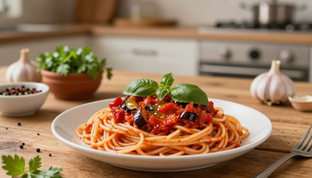 A warm, inviting plate of spaghetti topped with a vibrant, rich red ajvar sauce, garnished with fresh basil leaves, sits prominently in the foreground. The ajvar is chunky, showcasing roasted red peppers and eggplant pieces, with a drizzle of olive oil glistening on top. In the middle ground, a rustic wooden table is adorned with small bowls of spices and herbs, such as garlic and parsley, providing depth. The background features a softly blurred kitchen setting, with warm, ambient lighting creating a cozy atmosphere. The scene is captured with a shallow depth of field, emphasizing the dish’s textures while softly highlighting the surrounding elements. The overall mood is comforting and homely, ideal for illustrating a delicious meal.
