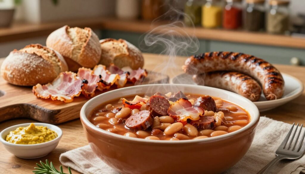 A warm, inviting table setting featuring a steaming bowl of fasolka bretońsku, a hearty dish made with beans, bacon, and sausage, placed prominently in the foreground. Surrounding the bowl, there are various meat accompaniments like grilled sausages and crispy bacon slices, elegantly arranged to showcase their textures. Fresh, crusty bread rolls sit on a rustic wooden cutting board nearby, complemented by a small dish of mustard. The background softly hints at a cozy kitchen atmosphere with warm lighting, perhaps with wooden shelves stocked with colorful jars of spices and herbs. Capture the scene from a slightly elevated angle to provide depth, emphasizing the inviting nature of the meal, with a focus on richness and comfort in the overall composition.