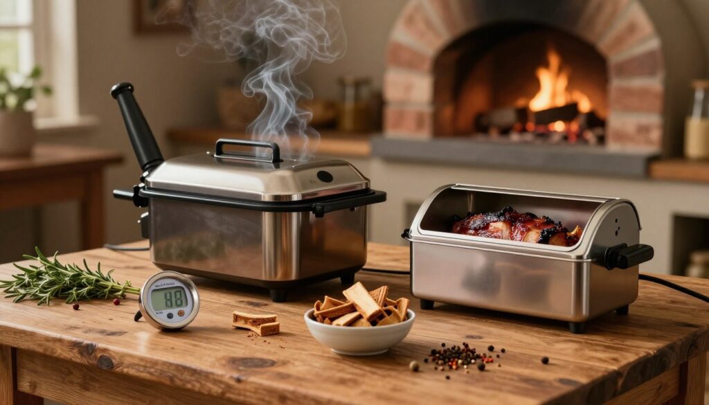 A well-organized assortment of smoking equipment and accessories displayed on a rustic wooden table. In the foreground, highlight key items such as a digital meat thermometer, a selection of flavored wood chips in small bowls, and a traditional smoker box. In the middle ground, include an electric smoker with its lid slightly open, showcasing a glimpse of smokey, succulent meats inside. The background features a brick oven, softly illuminated by warm ambient light, creating a cozy, inviting atmosphere. Incorporate natural elements like fresh herbs and spices scattered around to enhance the culinary theme. The overall mood is warm and homey, perfect for inspiring home smoking enthusiasts. Ensure a subtle depth of field to keep the focus on the equipment, with soft lighting that enhances the warm hues of the wood and food.