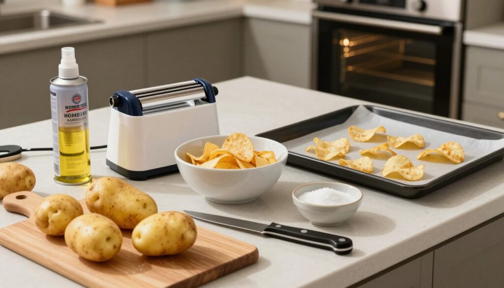 A well-organized kitchen countertop showcasing ingredients and tools for making homemade potato chips. In the foreground, vibrant fresh potatoes, a cutting board, a sharp knife, and a bowl of salt are artfully arranged. In the middle, a sleek mandoline slicer, an oil spray can, and a bowl for mixing gather attention, while a baking tray lined with parchment paper sits ready for use. In the background, a modern oven with its door slightly open hints at the cooking process. The scene is warmly lit, evoking a cozy, inviting atmosphere of home cooking, with soft shadows enhancing the textures of the ingredients. The composition captures the essence of simple, healthy cooking without frying, emphasizing a neat, organized workspace. A well-organized kitchen countertop showcasing ingredients and tools for making homemade potato chips. In the foreground, vibrant fresh potatoes, a cutting board, a sharp knife, and a bowl of salt are artfully arranged. In the middle, a sleek mandoline slicer, an oil spray can, and a bowl for mixing gather attention, while a baking tray lined with parchment paper sits ready for use. In the background, a modern oven with its door slightly open hints at the cooking process. The scene is warmly lit, evoking a cozy, inviting atmosphere of home cooking, with soft shadows enhancing the textures of the ingredients. The composition captures the essence of simple, healthy cooking without frying, emphasizing a neat, organized workspace.