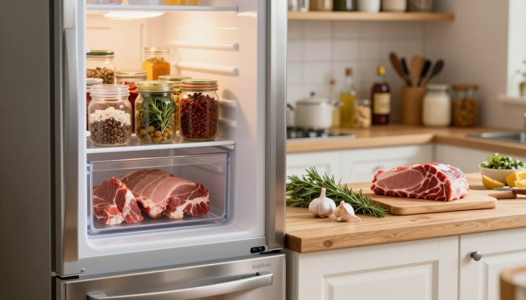 A well-organized kitchen scene featuring a stainless steel refrigerator, or "lodówka," in the foreground. The fridge is sleek and modern, slightly open to showcase a variety of marinating spices, jars of herbs, and cuts of juicy pork, emphasizing the marination process for a succulent roast. In the middle ground, a wooden countertop displays fresh ingredients like garlic and rosemary, while a cutting board with an enticingly marinated pork steak is prepared for cooking. Soft, warm lighting illuminates the scene, creating a cozy atmosphere typical of a home kitchen. The background reveals softly blurred kitchen shelves stocked with condiments and cooking tools, enhancing the inviting feel of culinary creativity. The overall mood is appetizing and homely, making any viewer curious about the delicious meal being prepared.