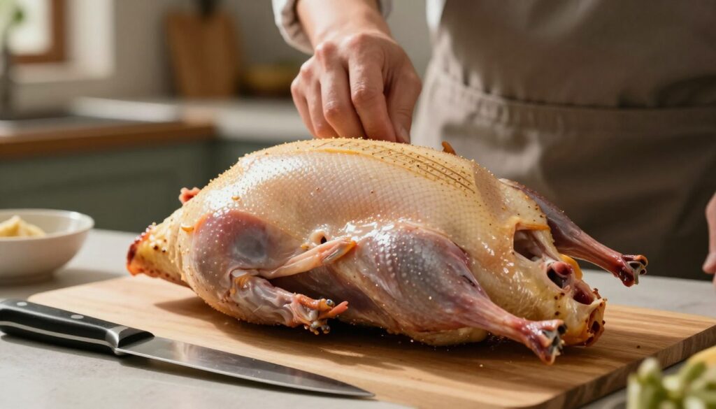 A well-prepared duck ready for roasting on a clean kitchen countertop, featuring a whole duck with glistening skin, carefully cleaned and dried. The foreground includes a sharp knife and cutting board, highlighting the process of scoring the skin. In the middle, a hand in modest casual clothing gently handles the duck, showcasing the preparation techniques of cleaning, drying, and skin scoring. The background displays a softly lit kitchen with rustic decor, casting warm light that adds a cozy atmosphere. The image captures the meticulous and attentive nature of preparing the duck for baking, creating a sense of anticipation and care in the culinary process. A well-prepared duck ready for roasting on a clean kitchen countertop, featuring a whole duck with glistening skin, carefully cleaned and dried. The foreground includes a sharp knife and cutting board, highlighting the process of scoring the skin. In the middle, a hand in modest casual clothing gently handles the duck, showcasing the preparation techniques of cleaning, drying, and skin scoring. The background displays a softly lit kitchen with rustic decor, casting warm light that adds a cozy atmosphere. The image captures the meticulous and attentive nature of preparing the duck for baking, creating a sense of anticipation and care in the culinary process.