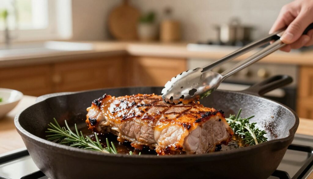 A well-seasoned pork loin sizzling in a cast-iron skillet over medium heat, with golden-brown edges glistening in the light. The foreground features the skillet, showcasing mouth-watering sear marks, surrounded by fresh herbs such as rosemary and thyme, adding color and freshness. In the middle, a pair of tongs delicately hold the pork, emphasizing the cooking process. The background is softly blurred, revealing a cozy kitchen environment with warm wooden cabinetry and a faint view of an oven preheating, hinting at the upcoming baking. Soft, natural lighting filters through a nearby window, casting a warm glow and enhancing the inviting atmosphere. The image captures the essence of preparing a delicious, juicy pork roast, ready for the oven.