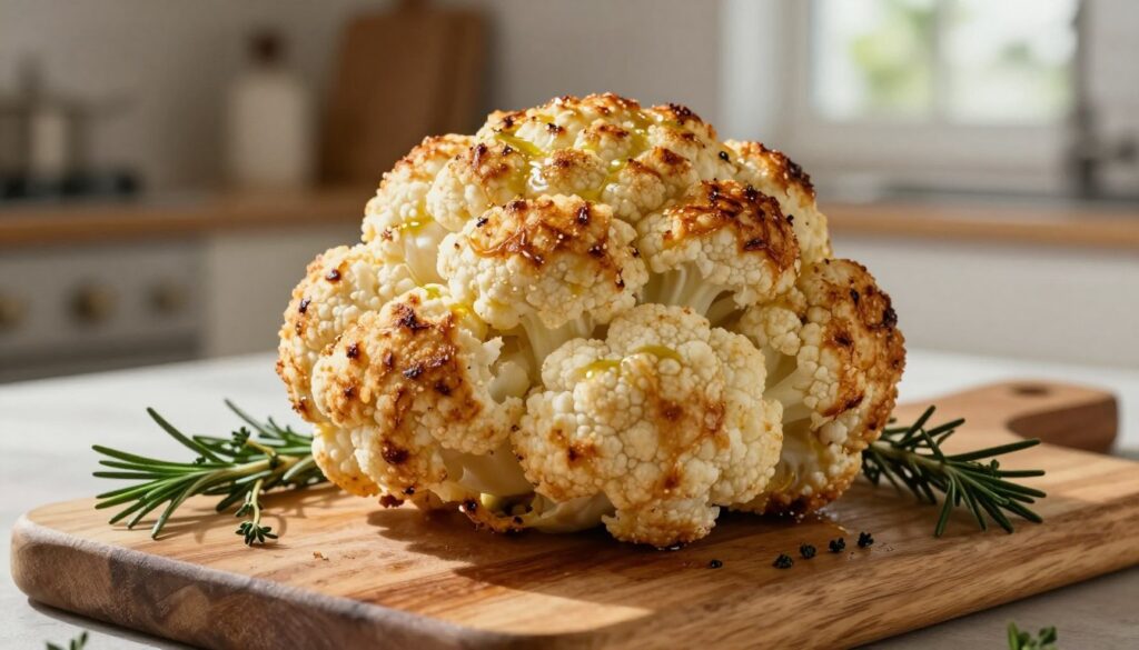 A whole cauliflower, perfectly roasted, sits on a rustic wooden cutting board, showcasing its golden-brown, caramelized exterior with a slight sheen of olive oil. The texture is inviting, with crispy edges and soft, tender florets. Surrounding the cauliflower are fresh herbs like rosemary and thyme for added color and freshness. The background features a softly blurred kitchen setting, hinting at an inviting home atmosphere. Natural light streams in through a nearby window, casting gentle shadows and highlighting the cauliflower's contours. The mood is warm and cozy, evoking a sense of healthy, homemade comfort food. The focus is sharp on the cauliflower, making it the star of the image, with everything else harmoniously supporting its presentation.