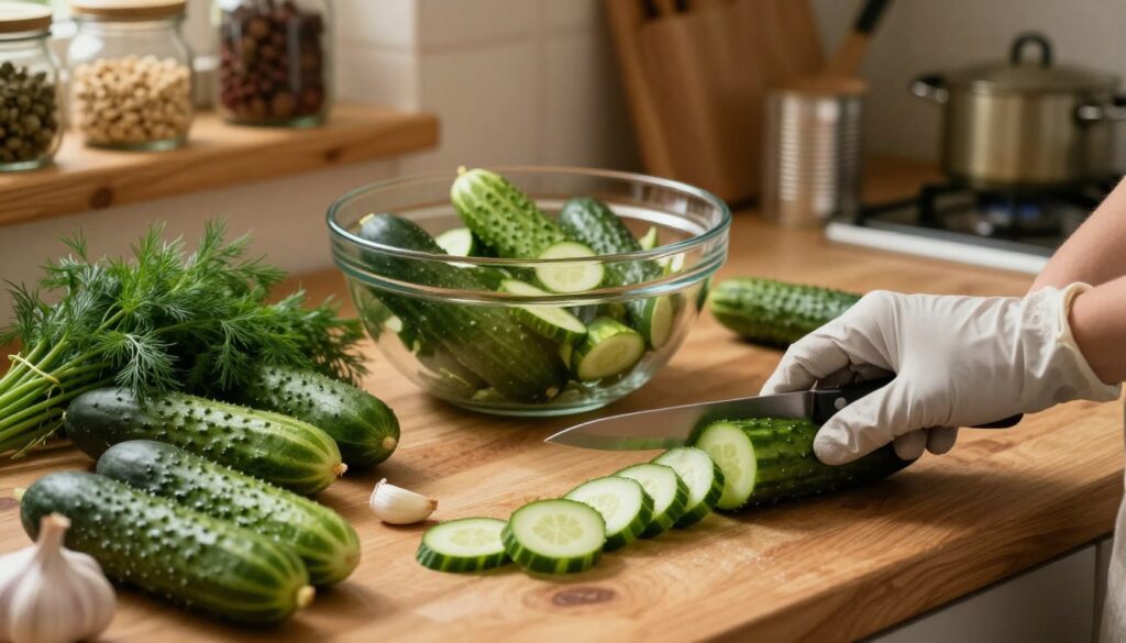 A wooden kitchen countertop filled with freshly harvested cucumbers, preparing them for canning. In the foreground, a hand wearing a kitchen glove is slicing cucumbers into uniform rounds, with a sharp knife gleaming under warm, ambient kitchen lighting. The middle ground showcases a large glass bowl containing the sliced cucumbers, surrounded by fresh herbs like dill and garlic cloves, emphasizing the traditional preparation process. In the background, a cozy kitchen setting with wooden shelves displaying jars, spices, and traditional canning tools, enhancing the atmosphere of home cooking. The overall mood is warm and inviting, evoking a sense of nostalgia and care in food preservation and preparation. Use a soft focus effect to draw attention to the cucumbers while keeping the background pleasantly blurred.