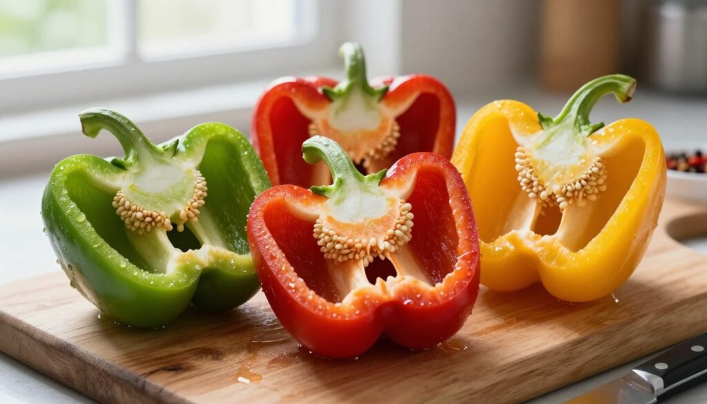 Close-up view of vibrant, fresh bell pepper halves showcasing their hollow seed cavities, arranged attractively on a rustic wooden cutting board. The peppers are a mix of green, red, and yellow varieties, with glistening, dewy skin reflecting soft, natural light coming from a window in the background. Set in a kitchen environment, there are essential tools like a sharp knife and a small bowl of spices nearby, emphasizing an atmosphere of cooking preparation. Capture the vivid colors and textures of the peppers in detail, highlighting the intricate patterns of the seeds inside. The overall mood is inviting and warm, representing the joy of home cooking. Close-up view of vibrant, fresh bell pepper halves showcasing their hollow seed cavities, arranged attractively on a rustic wooden cutting board. The peppers are a mix of green, red, and yellow varieties, with glistening, dewy skin reflecting soft, natural light coming from a window in the background. Set in a kitchen environment, there are essential tools like a sharp knife and a small bowl of spices nearby, emphasizing an atmosphere of cooking preparation. Capture the vivid colors and textures of the peppers in detail, highlighting the intricate patterns of the seeds inside. The overall mood is inviting and warm, representing the joy of home cooking.