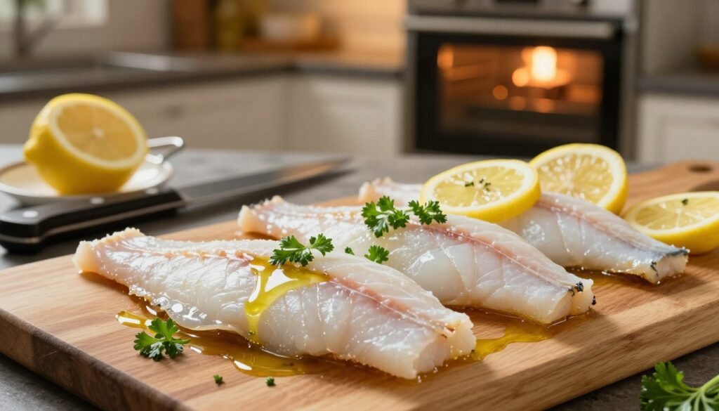 Filety halibuta beautifully arranged on a wooden cutting board, glistening with a light drizzle of olive oil and garnished with fresh herbs like parsley and lemon slices. In the foreground, the fish fillets are showcased in vibrant colors, emphasizing their fresh, flaky texture. In the middle, various cooking utensils such as a knife and a lemon juicer sit nearby, hinting at the preparation process. The background features a warm, softly lit kitchen with an oven preheating, giving a homely ambiance. The overall mood is inviting and appetizing, ideal for showcasing the delicate nature of halibut before baking. The lighting is warm, enhancing the colors of the fish and ingredients, captured with a shallow depth of field to create a focused composition.