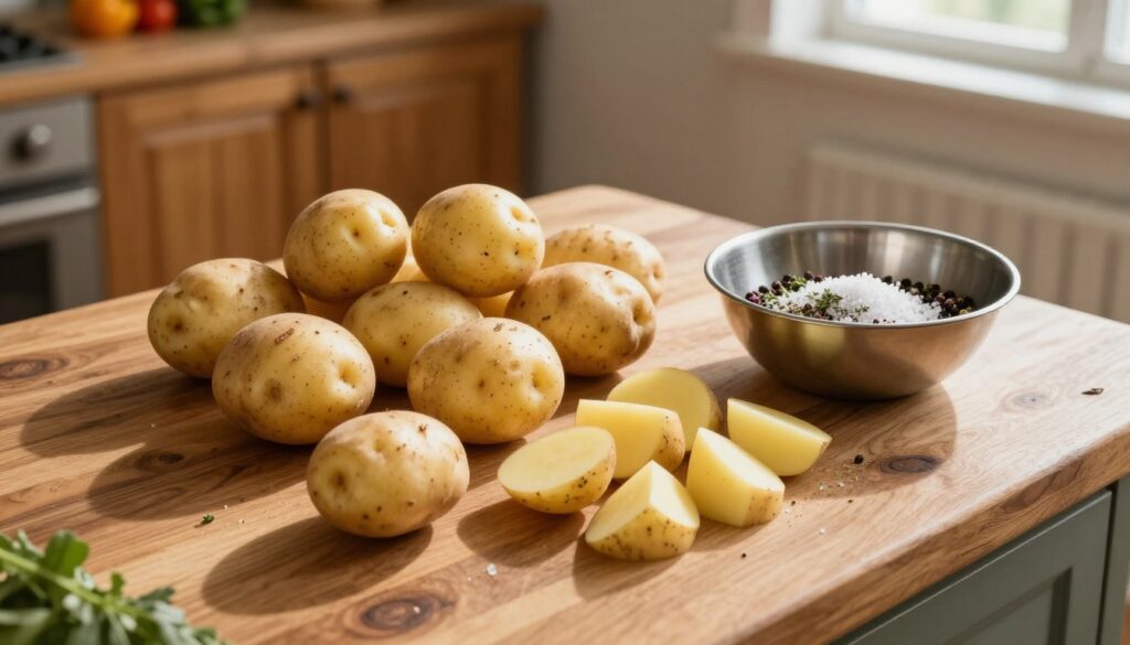 Fresh, raw potatoes arranged on a rustic wooden kitchen counter, some whole and others chopped into chunks, showcasing their earthy texture. A metallic bowl filled with prepared seasonings like coarse salt, pepper, and herbs sits nearby, hinting at the steps for enhancing flavor. Sunlight streams through a nearby window, casting soft shadows that create a warm, inviting atmosphere. The background features a cozy kitchen with wooden cabinets and a hint of colorful vegetables on a shelf, enriching the setting. The scene is framed from a top-down angle, focusing on the potatoes and the vibrant ingredients, evoking a sense of preparation for a delicious, crispy dish.