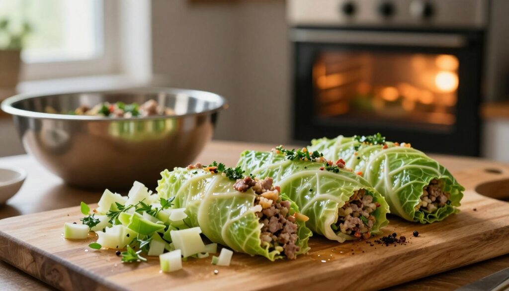 In a rustic kitchen setting, a close-up view of freshly prepared "farsz" for stuffed cabbage rolls. The foreground features a wooden cutting board with finely chopped ingredients: vibrant green cabbage leaves, minced meat, fragrant herbs, and spices, artfully arranged and glistening with moisture. In the middle, a stainless steel bowl partially filled with the mixed filling, showcasing textures and colors that hint at the flavors to come. In the background, softly blurred, a warm oven is visible with light glowing from within, hinting at the baking process. Natural light streams through a nearby window, casting a cozy glow over the scene. The overall atmosphere is inviting and homey, emphasizing the love and care in preparing this traditional dish.