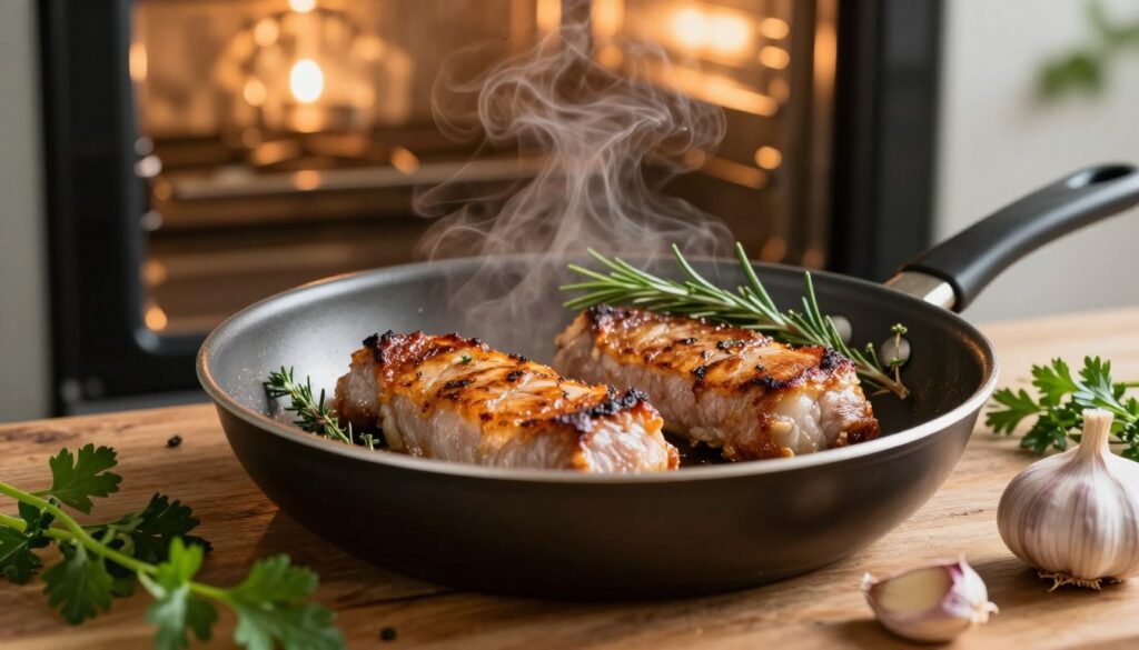 Sizzling pork tenderloins being seared in a frying pan, golden-brown crust forming, surrounded by aromatic herbs like rosemary and thyme. In the background, a warm oven preheating, with a soft glow emanating from the oven light. The scene is highlighted with soft, inviting lighting that emphasizes the juiciness of the meat, with steam rising gently, suggesting richness and warmth. The foreground features a rustic wooden countertop with fresh garlic cloves and sprigs of parsley scattered artistically. A shallow depth of field creates a bokeh effect, focusing on the tenderloins while softly blurring the background. The overall mood is cozy and inviting, evoking a sense of home-cooked comfort food. No text or watermarks present. Sizzling pork tenderloins being seared in a frying pan, golden-brown crust forming, surrounded by aromatic herbs like rosemary and thyme. In the background, a warm oven preheating, with a soft glow emanating from the oven light. The scene is highlighted with soft, inviting lighting that emphasizes the juiciness of the meat, with steam rising gently, suggesting richness and warmth. The foreground features a rustic wooden countertop with fresh garlic cloves and sprigs of parsley scattered artistically. A shallow depth of field creates a bokeh effect, focusing on the tenderloins while softly blurring the background. The overall mood is cozy and inviting, evoking a sense of home-cooked comfort food. No text or watermarks present.