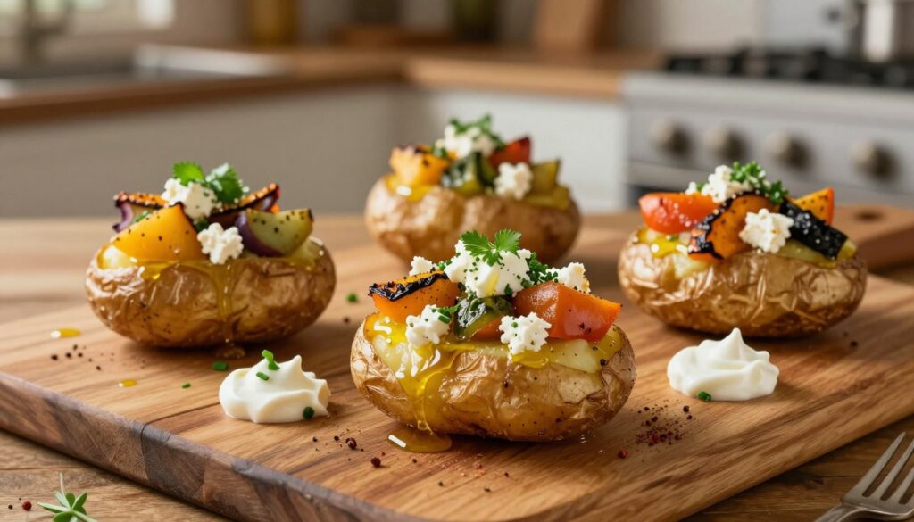 A beautiful arrangement of creatively garnished baked potatoes on a rustic wooden table, showcasing innovative flavor variations. In the foreground, highlight fluffy, golden-brown baked potatoes topped with vibrant ingredients like fresh herbs, crumbled feta cheese, a drizzle of olive oil, and colorful roasted vegetables. In the middle, include garnishes such as sour cream, chives, and spices artistically sprinkled around the potatoes. The background features an inviting kitchen setting with warm, soft lighting illuminating the scene, creating a cozy atmosphere. The focus is slightly off-center, using a shallow depth of field to emphasize the textures and colors of the potatoes, evoking a sense of culinary creativity and warmth. A beautiful arrangement of creatively garnished baked potatoes on a rustic wooden table, showcasing innovative flavor variations. In the foreground, highlight fluffy, golden-brown baked potatoes topped with vibrant ingredients like fresh herbs, crumbled feta cheese, a drizzle of olive oil, and colorful roasted vegetables. In the middle, include garnishes such as sour cream, chives, and spices artistically sprinkled around the potatoes. The background features an inviting kitchen setting with warm, soft lighting illuminating the scene, creating a cozy atmosphere. The focus is slightly off-center, using a shallow depth of field to emphasize the textures and colors of the potatoes, evoking a sense of culinary creativity and warmth.