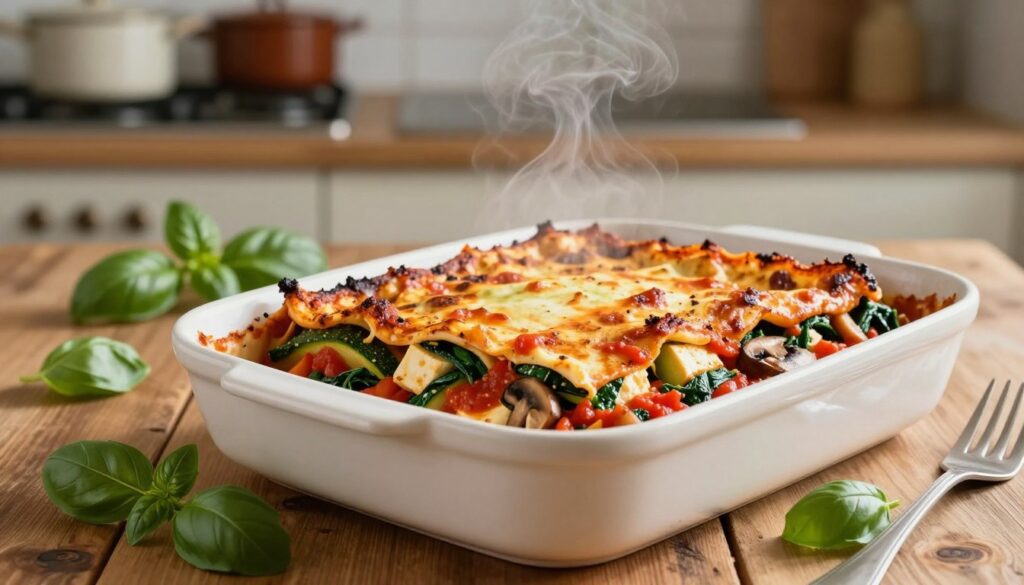 A beautiful, indulgent plant-based lasagne featuring layers of vibrant vegetables, including spinach, zucchini, and mushrooms, interspersed with creamy tofu and rich tomato sauce. The dish is presented in an elegant ceramic baking dish on a rustic wooden table. In the foreground, you can see a portion of the lasagne with a golden-brown, slightly crispy top, steam rising gently, suggesting it's fresh out of the oven. In the middle ground, enhance the scene with fresh basil leaves scattered around the dish for added color and freshness. The background features a softly blurred kitchen with warm, inviting lighting and cookware neatly arranged, creating a homely atmosphere. The overall mood is cozy and appetizing, perfect for a healthy, comforting meal. A beautiful, indulgent plant-based lasagne featuring layers of vibrant vegetables, including spinach, zucchini, and mushrooms, interspersed with creamy tofu and rich tomato sauce. The dish is presented in an elegant ceramic baking dish on a rustic wooden table. In the foreground, you can see a portion of the lasagne with a golden-brown, slightly crispy top, steam rising gently, suggesting it's fresh out of the oven. In the middle ground, enhance the scene with fresh basil leaves scattered around the dish for added color and freshness. The background features a softly blurred kitchen with warm, inviting lighting and cookware neatly arranged, creating a homely atmosphere. The overall mood is cozy and appetizing, perfect for a healthy, comforting meal.