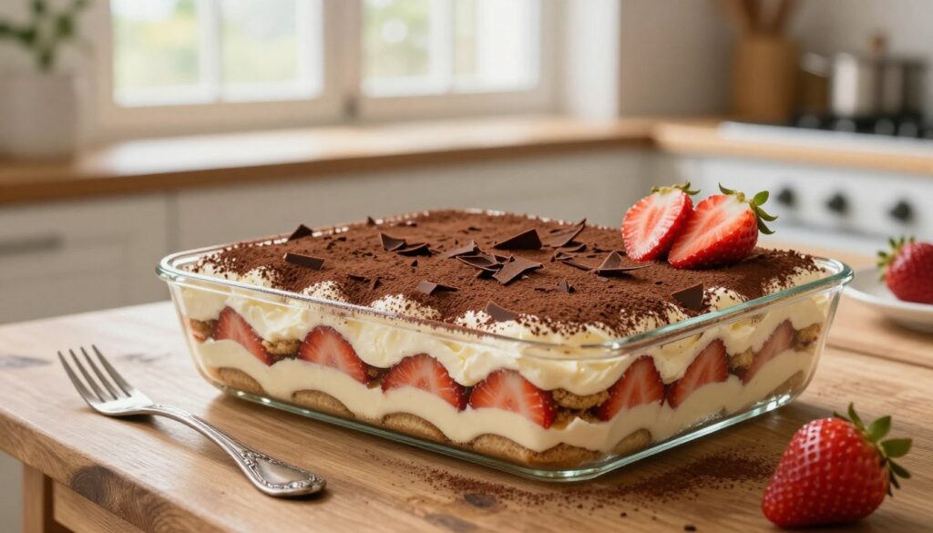 A beautifully arranged "Tiramisu truskawkowe" dessert in an elegant glass dish, featuring layers of rich coffee-soaked ladyfingers, creamy mascarpone cheese, and fresh strawberry slices. The foreground showcases the dessert topped with a sprinkle of cocoa powder and delicate chocolate shavings, alongside a fresh strawberry garnishing the edge. In the middle ground, a soft-focus of rustic kitchen elements, including a wooden table and antique dessert forks, enhances the cozy feel. The background features a light-filled kitchen window, suggesting a sunny afternoon. Soft, warm lighting creates an inviting atmosphere, emphasizing the dessert's textures and vibrant colors. The overall mood is cheerful and appetizing, perfect for a light, fruity dessert experience.