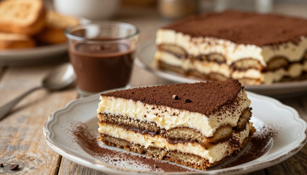 A beautifully arranged, alcohol-free tiramisu, showcasing its classic layers of coffee-soaked ladyfingers and creamy mascarpone. The foreground features a slice of tiramisu, perfectly plated on a vintage porcelain dish, garnished with a dusting of cocoa powder and cocoa nibs. In the middle, a small glass of rich chocolate sauce complements the dessert, suggesting a delightful alternative to traditional liqueurs. The background is softly blurred, hinting at a rustic kitchen with warm, golden lighting that creates an inviting atmosphere. The image should convey a cozy, family-friendly setting, evoking feelings of comfort and indulgence. Capture this scene from a slight top-down angle to emphasize the enticing textures and colors of the dessert. A beautifully arranged, alcohol-free tiramisu, showcasing its classic layers of coffee-soaked ladyfingers and creamy mascarpone. The foreground features a slice of tiramisu, perfectly plated on a vintage porcelain dish, garnished with a dusting of cocoa powder and cocoa nibs. In the middle, a small glass of rich chocolate sauce complements the dessert, suggesting a delightful alternative to traditional liqueurs. The background is softly blurred, hinting at a rustic kitchen with warm, golden lighting that creates an inviting atmosphere. The image should convey a cozy, family-friendly setting, evoking feelings of comfort and indulgence. Capture this scene from a slight top-down angle to emphasize the enticing textures and colors of the dessert.