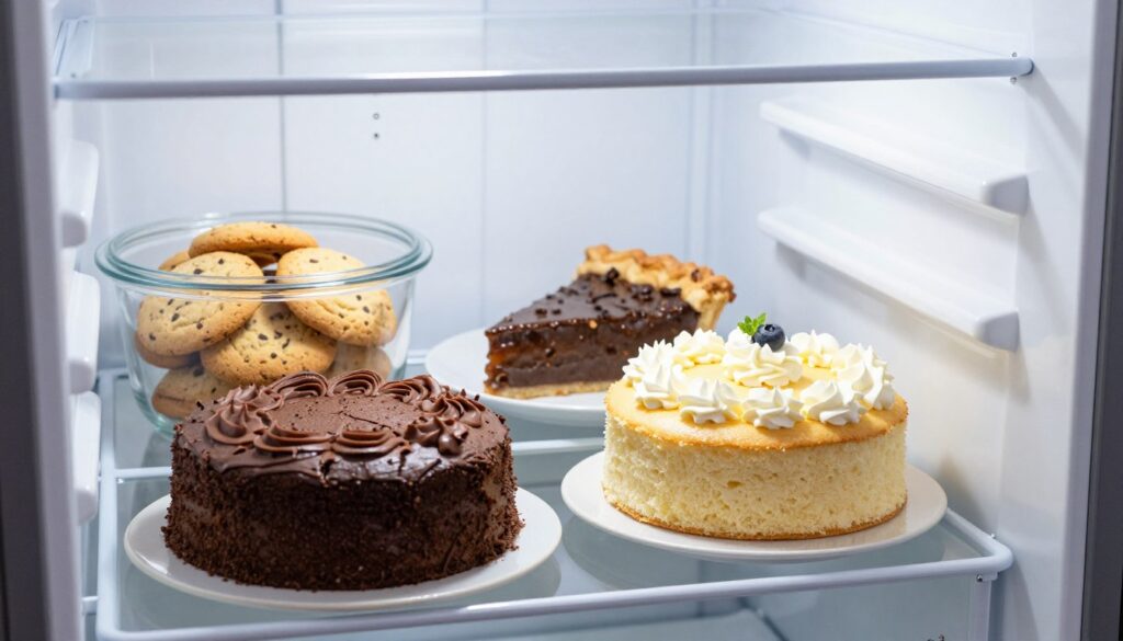 A beautifully arranged assortment of various baked goods in a refrigerator setting. In the foreground, a rich chocolate cake and a classic vanilla sponge cake, both adorned with delicate frosting and garnishes. In the middle ground, a clear glass container with freshly baked cookies, alongside a slice of pie, showcasing their textures. The background features an open fridge, softly lit with cool white light, highlighting the freshness of the treats while maintaining a clean and organized look. The scene is captured from an angle that emphasizes depth, creating an inviting atmosphere. Subtle reflections on the fridge doors add a touch of realism, conveying a sense of careful storage and consideration for preserving the quality of baked goods. The overall mood is serene and appetizing, ideal for illustrating the topic of baked goods storage times. A beautifully arranged assortment of various baked goods in a refrigerator setting. In the foreground, a rich chocolate cake and a classic vanilla sponge cake, both adorned with delicate frosting and garnishes. In the middle ground, a clear glass container with freshly baked cookies, alongside a slice of pie, showcasing their textures. The background features an open fridge, softly lit with cool white light, highlighting the freshness of the treats while maintaining a clean and organized look. The scene is captured from an angle that emphasizes depth, creating an inviting atmosphere. Subtle reflections on the fridge doors add a touch of realism, conveying a sense of careful storage and consideration for preserving the quality of baked goods. The overall mood is serene and appetizing, ideal for illustrating the topic of baked goods storage times.