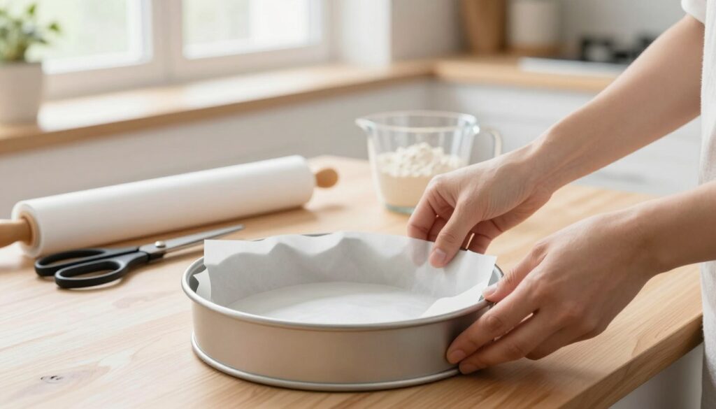 A beautifully arranged baking scene focusing on the preparation of a cake pan lined with parchment paper. In the foreground, a clean, round cake pan sits atop a light wooden kitchen table, with hands carefully placing parchment paper inside, ensuring a perfect fit. The middle layer features various baking tools, such as a pair of scissors and a roll of parchment paper, alongside a measuring cup filled with flour. In the background, soft natural light filters through an airy kitchen window, creating a warm, inviting atmosphere. The colors are soft and neutral, enhancing the kitchen’s serene ambiance. The image conveys a sense of calm and precision in baking, ideally suited for a culinary article about baking preparations.